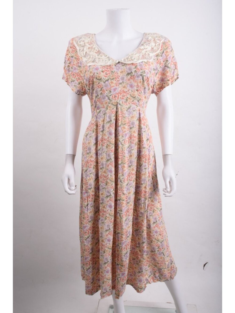 Vintage Expo Petite Womans Dress Size 12P Pastel Floral Midi Lace Collar 90s